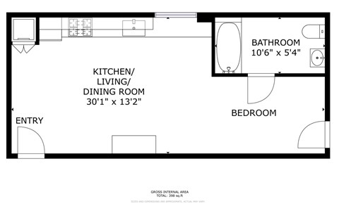 Floor plan for studio, 1 bath, 398 sqft